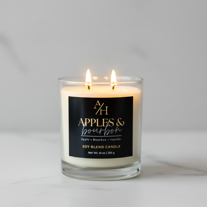 Soy blend candle labeled 'Apples & Bourbon' on a marble surface with a blurred background